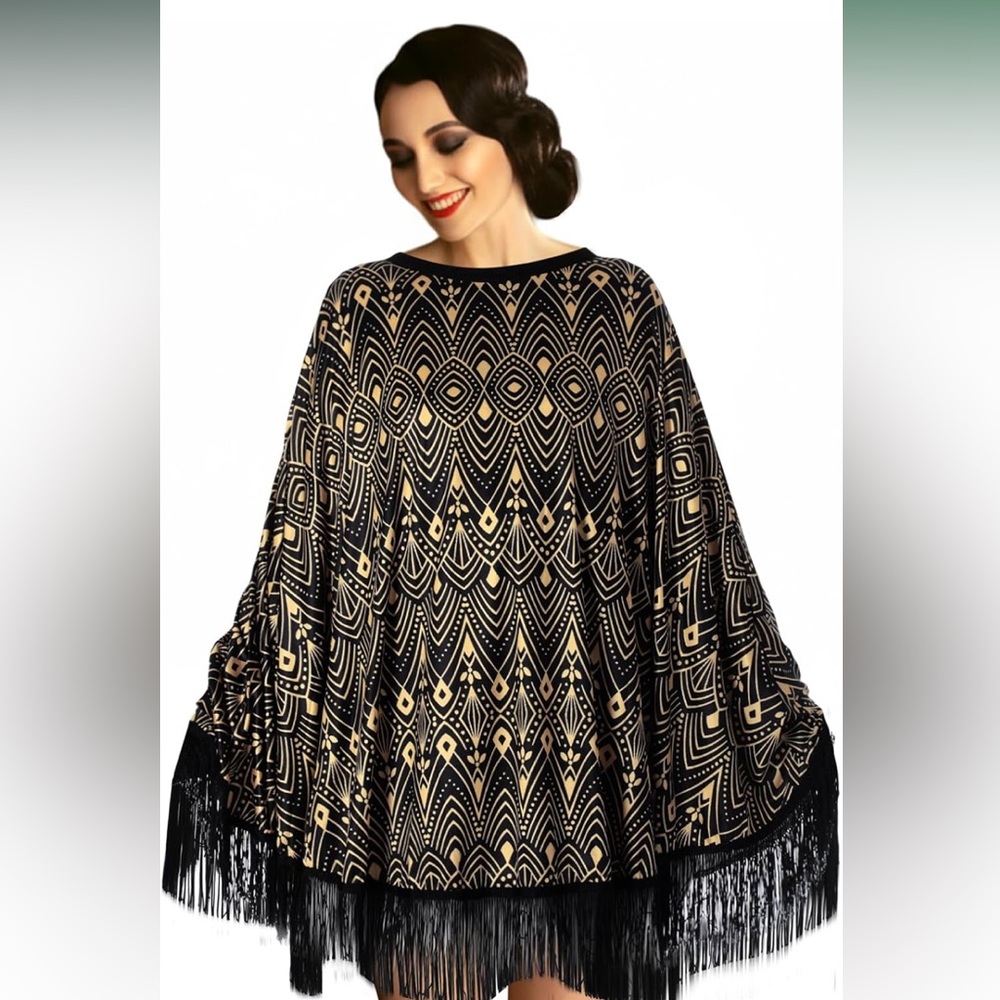 1920s Flapper Shawl for Women Vintage Fringe Lace Poncho Cape